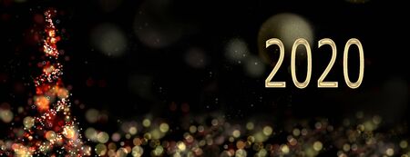 year number 2020 in abstract night with christmas tree illuminated
