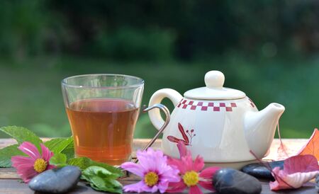 cup of mint tea and teapot on a wooden table in garden among fresh  leaf and flowersの写真素材