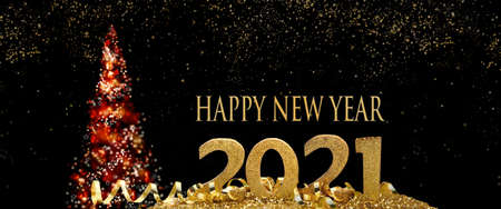 2021 golden figures standing in ribbon and next to an abstract christmas tree with text happy new...