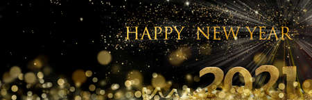 2021 golden figures standing in ribbon and blur lights in starry night with text happy new yearの写真素材