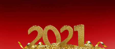 2021 golden figures standing in ribbon and glitters on red background