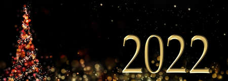 2022 written on abstract night next to a christmas tree in panoramic size- 3D illustrationの写真素材