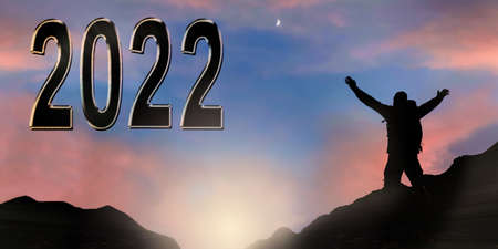 silhouette of man enjoy standing in mountain in front of figures 2022 on sunset sky background