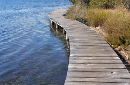 wooden footbridge over water at the shore of a lake