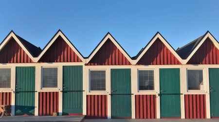 front view of beach cabins aligned under blus sky in sweden