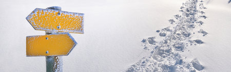 yellow opposite yellow signpost on tracks in fresh snow in panoramic viewの写真素材