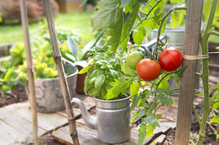 ripe tomatoes in a vegetable garden attached to a guardianの写真素材