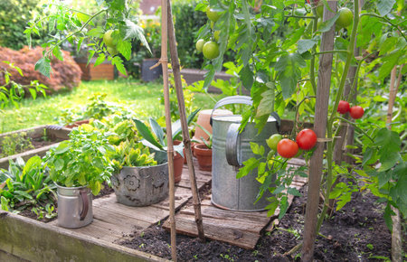ripe tomatoes in a little vegetable garden with basil and plants in metal potの写真素材