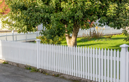 pretty white wooden fence of a garden with the foliage of a tree and a beautiful lawnの写真素材