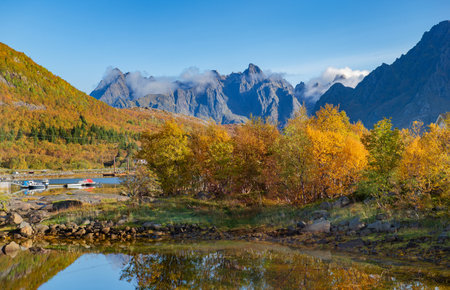 beautiful landscape of Norway with trees with yellow leaves reflecting in the water of a lake and mountain peaks in the backgroundの写真素材