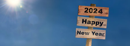 2024 happy new year writting on a wooden signpost against a sunny and blue sky