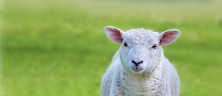 portrait of a cut white lamb looking at camera in a green meadowの写真素材