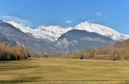 beautiful scenic landscape in alpine mountain snowy and large meadow in Savoy, Europeの写真素材