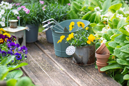 pretty colorful flowers blooming and arranged on part of wooden terrace with decorative flower pots and lanternの写真素材