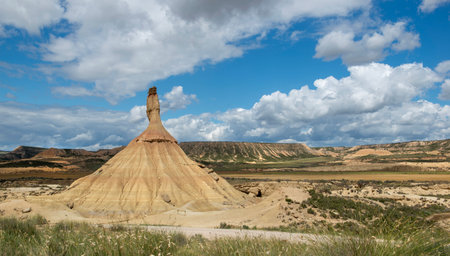 View of Castildetierra, the famous fairy chimney of the Bardenas Reales desert in Spain under cloudy skyの写真素材