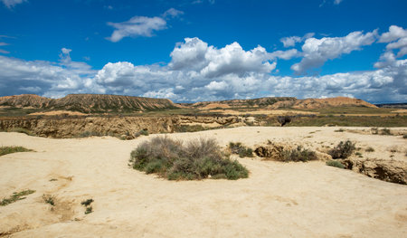 scenic view on Bardenas Reales desert in Spain under sky with white cloudsの写真素材