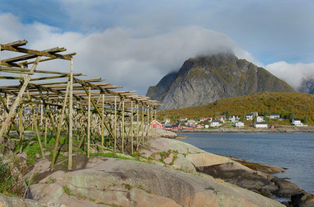 Picturesque landscape on a fishing village with fish drier in Reine in Lofoten Islands, North Norwayの写真素材