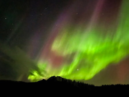 beautiful green colored aurora borealis in the arctic sky in norway above the hillsの写真素材