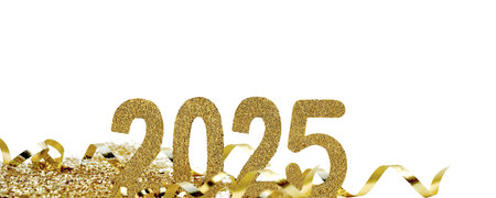 year 2025 golden numbers in ribbon and glitters on white backgroundの写真素材