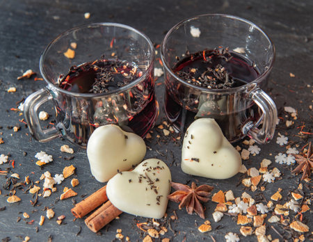 mulled wine in two glasses with heart-shaped cookies and spices arranged on a gray slate backgroundの写真素材