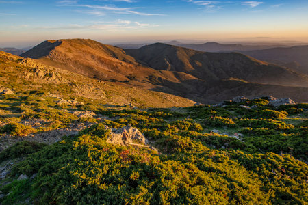beautiful scenic view on summit mountain in Sardinia at sunset in the Gennargentu naational park Barbagia countryの写真素材