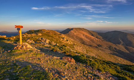 beautiful scenic view on summit mountain in Sardinia at sunset with a sign to punto la Marmoraの写真素材
