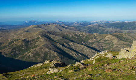 beautiful scenic view on summit mountain in Sardinia at sunset in the Gennargentu park Barbagia countryの写真素材