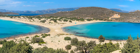 panoramic view of the beaches of Alafonisos Island with its turquoise blue sea in Greece,...