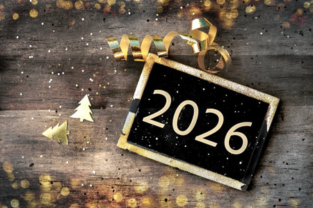 golden 2026 written on little board on rustic wooden background illuminated bye lights with golden...