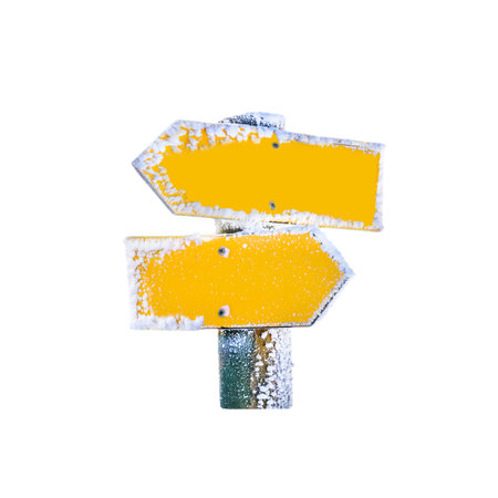 yellow direction sign with two opposite arrows of trail covered with snow isolated on a white...