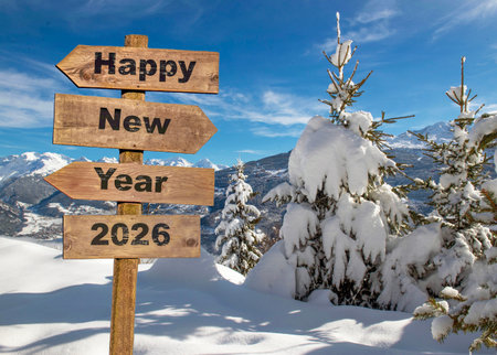 happy new year written on wooden postsign in snowy alpine mountain with firs covered with fresh snowの写真素材
