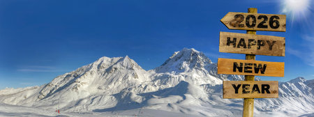 happy new year 2026 written on a wooden directional sign with a panoramic view of the snowy peaks of a ski area in the Alps backgroundの写真素材