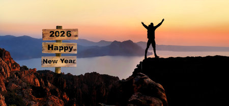 2026 happy new year written on wooden post sign and silhouette of hiker with their arms up on a cliiff in seascape in front of sunsetの写真素材