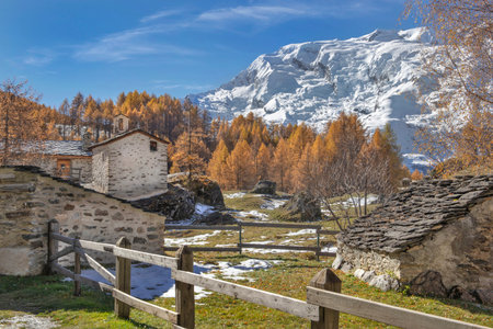 old village Le Monal in beautiful autumnal scenic landscape in alpine valley with golden larch trees in forest and snowy peak mountain background under blue sky in Tarentaise, Savoie Franceの写真素材