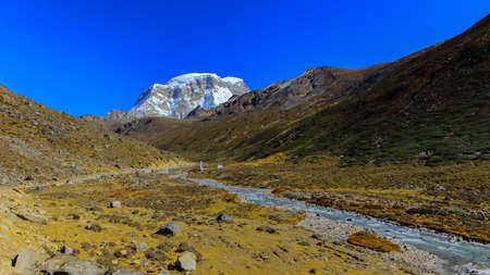 Teesta river originating from Zemu glacier in north Sikkim India and flowing downwardsの写真素材