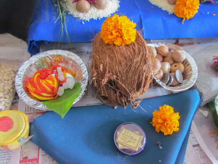 Fruits and other ingredients kept as offerings before prayer as per Hindu ritualの写真素材