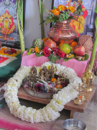Fruits and other ingredients kept as offerings before prayer as per Hindu ritualの写真素材