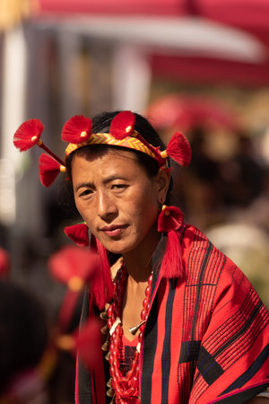 Portrait of a beautiful tribal Naga women dressed in tribal attire at kohima Nagaland India on 4 December 2016のeditorial素材