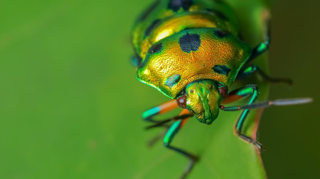 Close up Selective focus Macro image with high dynamic range of a lone jewel bug with vibrant colors...