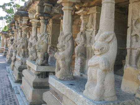 Selective focus image of an animal shaped sculptures carved on the walls of Hindu God Templesのeditorial素材