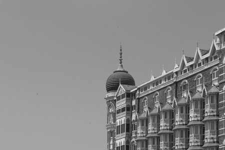 A close up view in monochrome of the exteriors of the Taj Mahal Palace Hotel at mumbai India on 4 April 2021のeditorial素材