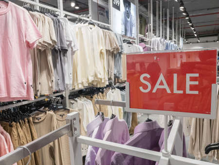 A Sale board displayed in a Garment store to attract customers in a Mall in Pune, India on 31 August 2021のeditorial素材