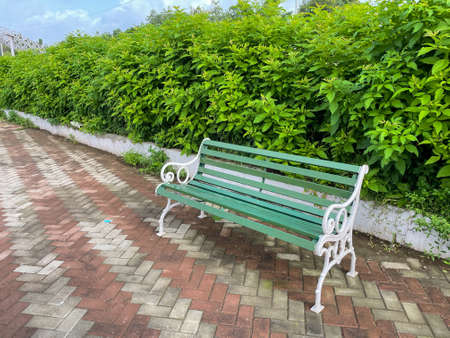 A beautiful bench painted green and white placed in a park with quite and green surroundingsの写真素材