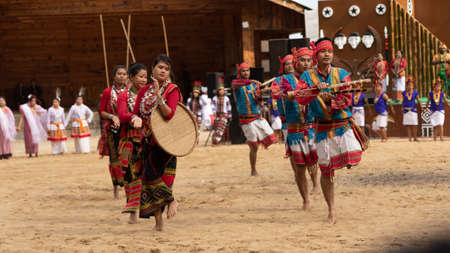 Selective focus image of Tribal dance of North East India being performed during Hornbill Festival at Nagaland India on  2 December 2016のeditorial素材