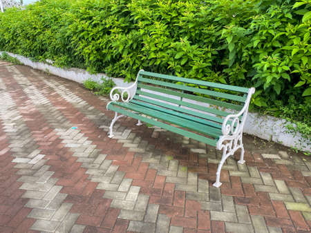 A beautiful siting bench placed in a park with quite and green surroundingsの写真素材