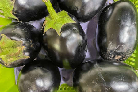 Fresh organic Eggplants also called Brinjal kept in a basket at a supermarketの写真素材