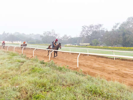 Jockeys riding racing horses in morning on race track at Pune race course on 7 December 2021のeditorial素材