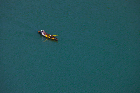 Ariel view of Tourists siting on a row boat in Nainital India on 2 January 2022のeditorial素材