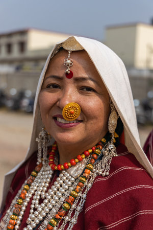 Portrait of a tribal tribal women from the state of Uttarakhand India wearing traditional attire on 17 January 2023のeditorial素材