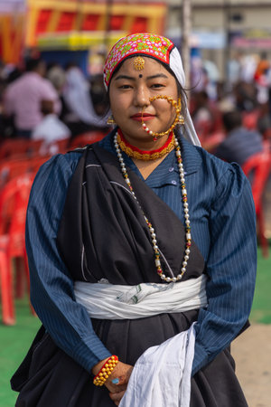Portrait of a tribal tribal women from the state of Uttarakhand India wearing traditional attire on 17 January 2023のeditorial素材